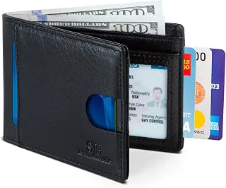 SERMAN BRANDSCarteira masculina minimalista fina de couro legítimo dobrável com bloqueio de RFID, Jet Black 2.0, Slim
