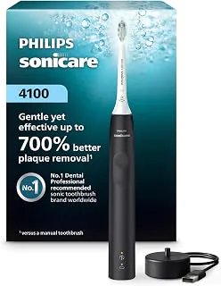 Philips Sonicare Escova de dentes elétrica série 4100 – Escova de dentes sônica com tecnologia sônica avançada, sensor de pressão, duas configurações de intensidade, Smartimer e Quadpacer, preta