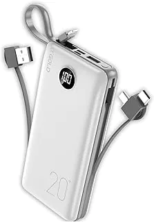 Carregador Portátil Turbo Power Bank 20000mah com 3 Cabos, Saída Universal, USB e Display Digital (Branco)
