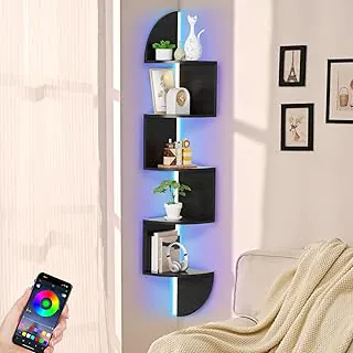 Prateleira de canto, estante de 5 camadas com luz LED, prateleira de canto montada na parede, prateleiras flutuantes para parede, suporte de exibição para quarto, sala de estar, banheiro, casa,