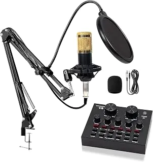 Microfone Condensador, Kit Microfone Condensador com Placa de Som e Braço Articulado e Pop Filter para Transmissão Ao Vivo, Podcast, Gravação de Audio