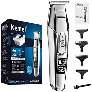 KEMEI Aparador de cabelo masculino sem fio, barbeiro, profissional, visor LCD, 0 mm, cortador de barba careca el茅trico recarreg谩vel por USB Prata(XSH-5027)