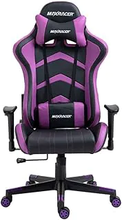 MAX RACER - Cadeira Gamer Aggressive - Poltronas Gamer de Aço, Cadeira Ergonômica para Jogos - Até 150kg, Giratória, Braços 1D, Tecido Sintético PVC, Inclinação 180°, Almofada Cervical e Lombar - Roxa