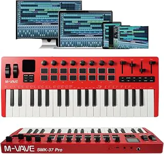 M-VAVE SMK-37 PRO Controlador MIDI Teclado 37 Teclas Sensíveis, 16 Pads RGB Sensor de Força, Interface Áudio USB-C, Conexão Wireless, Bateria, Profissional Compatível com todas as DAWs, Vermelho